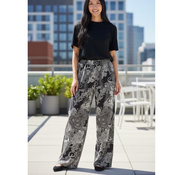 IMAN Easywear Pants SZ LG Brown Gold Trim Paisley Slinky Wide Leg Elastic Waist - Picture 1 of 10